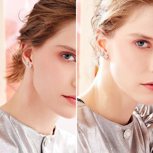 Women's 14K Gold Plated CZ Stud Earrings Simulated Diamond Round Cubic Zirconia - Picture 3 of 9